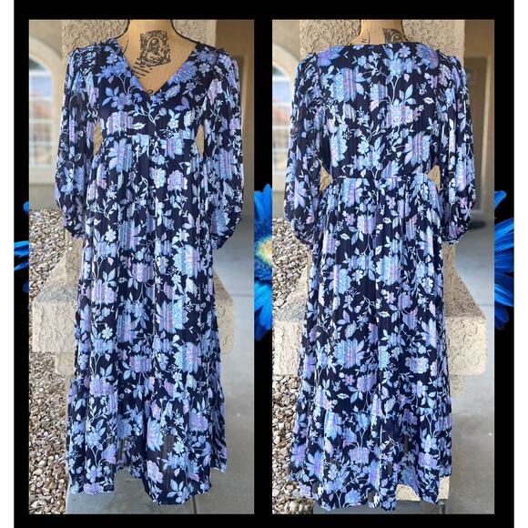 Pinkblush Navy Floral V-Neck Shimmer Midi Dress Size L - Picture 6 of 12
